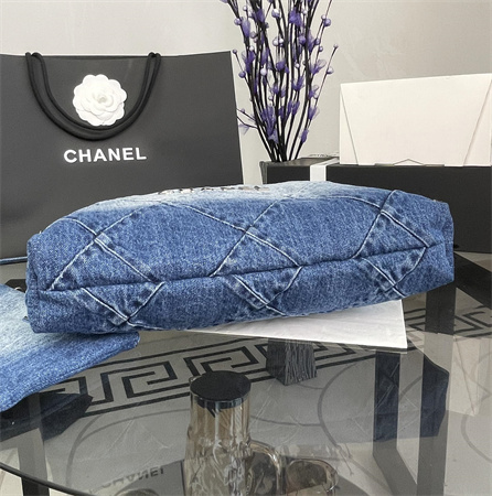 Cha.nel 22 Small Handbag Washed Denim Silver Tone Metal AS3260