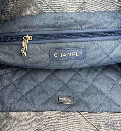 Cha.nel 22 Small Handbag Washed Denim Silver Tone Metal AS3260