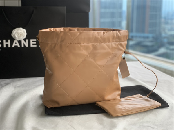 Cha.nel 22 Small Handbag Shiny Calfskin Gold Tone Metal Brown AS3260