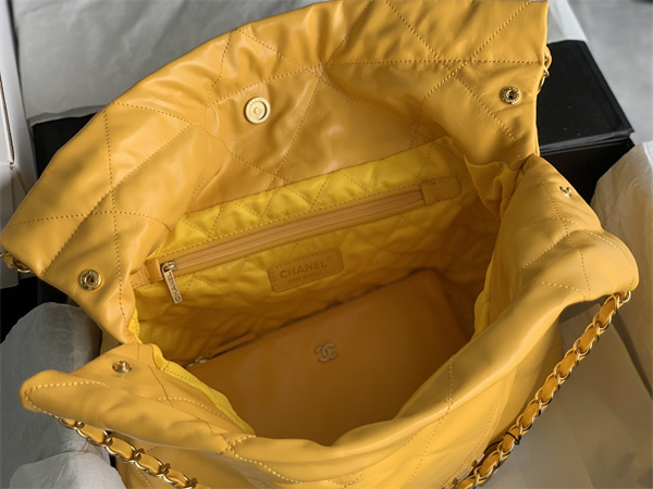 Cha.nel 22 Medium Handbag Shiny Calfskin Gold Tone Metal Yellow AS3261