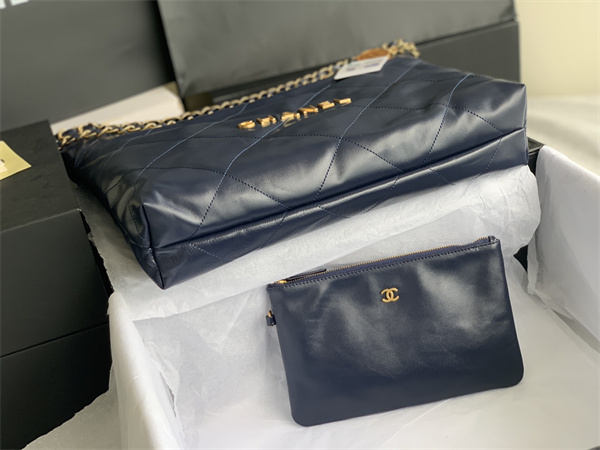 Cha.nel 22 Medium Handbag Shiny Calfskin Gold Tone Metal Navy AS3261
