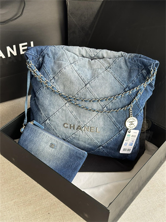 Cha.nel 22 Medium Handbag Washed Denim Silver Tone Metal AS3261