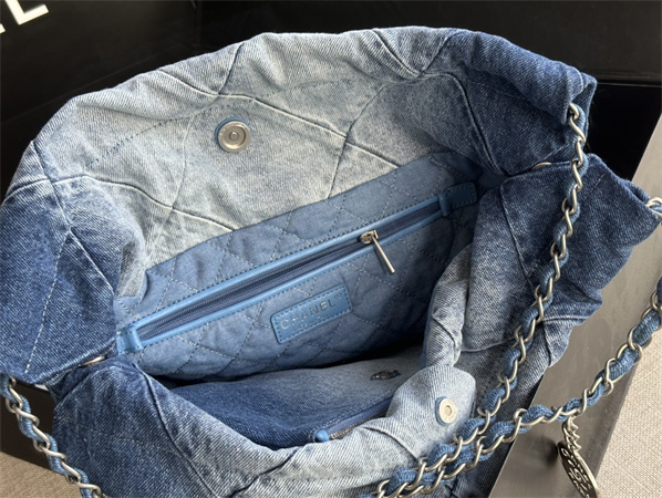 Cha.nel 22 Medium Handbag Washed Denim Silver Tone Metal AS3261