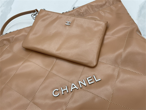 Cha.nel 22 Medium Handbag Shiny Calfskin Silver Tone Metal Brown AS3261