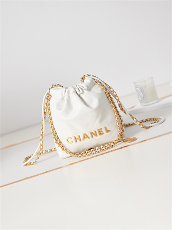 Cha.nel 22 Mini Handbag Shiny Calfskin Gold Tone Metal White AS3980