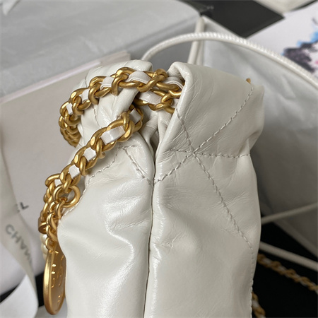 Cha.nel 22 Mini Handbag Shiny Calfskin Pearl Gold Tone Metal White AS3980