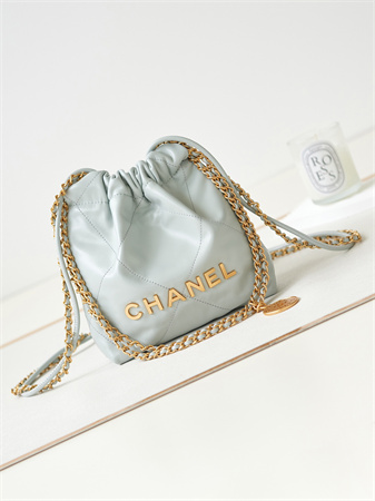 Cha.nel 22 Mini Handbag Shiny Calfskin Gold Tone Metal Pale Blue AS3980