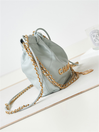 Cha.nel 22 Mini Handbag Shiny Calfskin Gold Tone Metal Pale Blue AS3980
