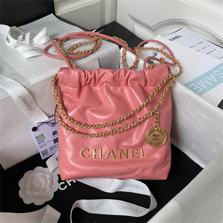 Cha.nel 22 Mini Handbag Shiny Calfskin Gold Tone Metal Pink AS3980