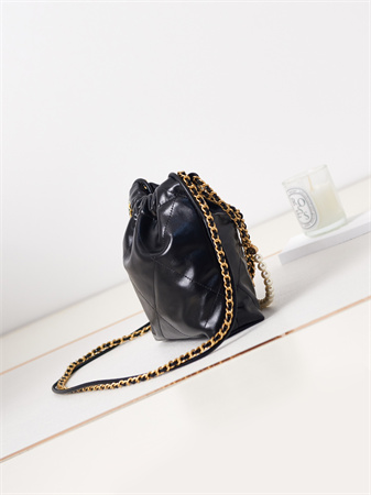 Cha.nel 22 Mini Handbag Shiny Calfskin Pearl Gold Tone Metal Black AS3980
