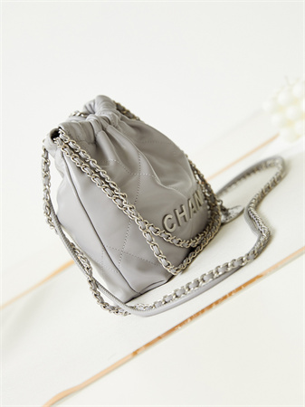 Cha.nel 22 Mini Handbag Shiny Calfskin Silver Tone Metal Grey AS3980