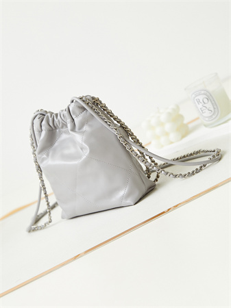 Cha.nel 22 Mini Handbag Shiny Calfskin Silver Tone Metal Grey AS3980