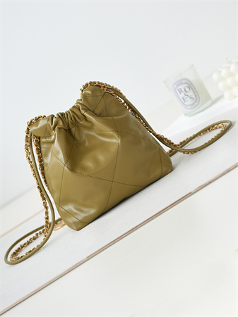 Cha.nel 22 Mini Handbag Shiny Calfskin Gold Tone Metal Mustard AS3980