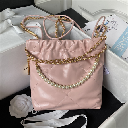 Cha.nel 22 Mini Handbag Shiny Calfskin Pearl Gold Tone Metal Pink AS3980