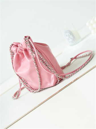 Cha.nel 22 Mini Handbag Shiny Calfskin Silver Tone Metal Lt Pink AS3980