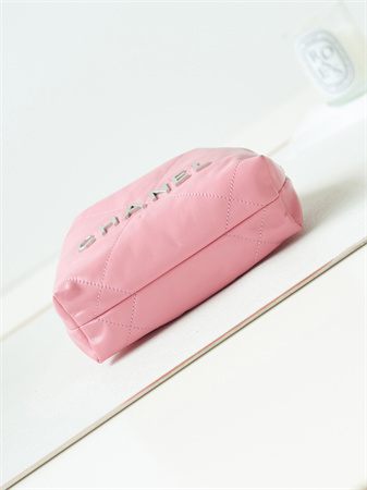 Cha.nel 22 Mini Handbag Shiny Calfskin Silver Tone Metal Lt Pink AS3980