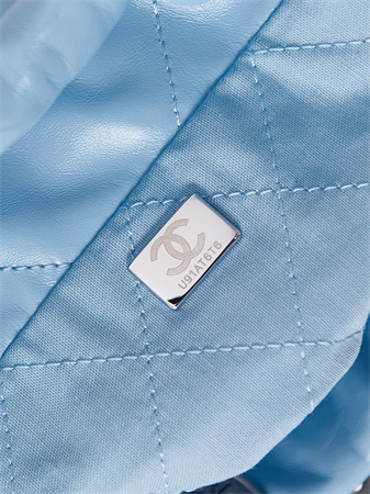 Cha.nel 22 Mini Handbag Shiny Calfskin Silver Tone Metal Blue AS3980