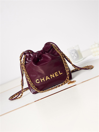Cha.nel 22 Mini Handbag Shiny Calfskin Gold Tone Metal Burgundy AS3980