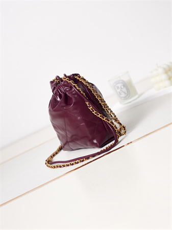 Cha.nel 22 Mini Handbag Shiny Calfskin Gold Tone Metal Burgundy AS3980