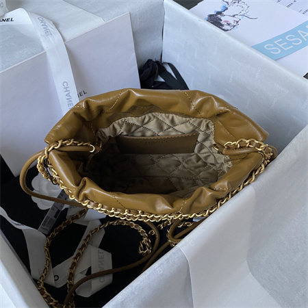 Cha.nel 22 Mini Handbag Shiny Calfskin Gold Tone Metal Brown AS3980