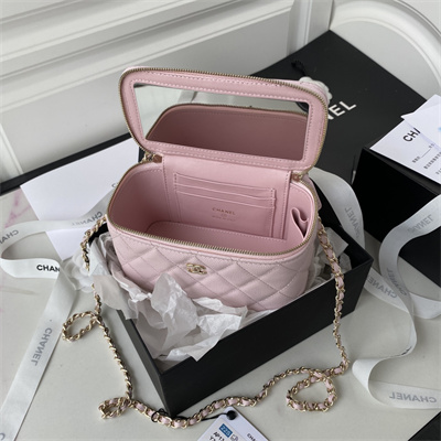 Cha.nel Vanity Case Grained Calfskin Gold Tone Metal Pink AP1341