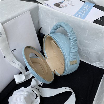 Cha.nel Vanity Case With Top Handle Lambskin Gold Tone Metal Blue AP2731