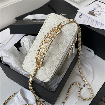 Cha.nel Vanity Case With Top Handle Grained Calfskin Gold Tone Metal White AP2805