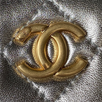 Cha.nel Vanity Case With Top Handle Lambskin Gold Tone Metal Silver AP3243