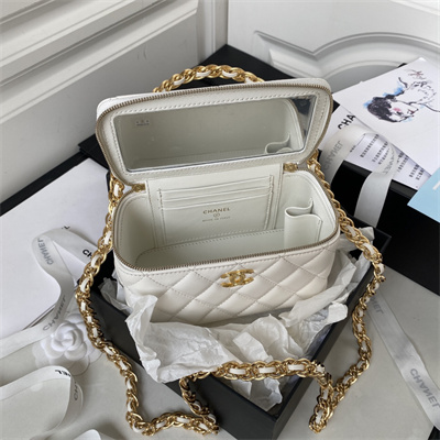 Cha.nel Vanity Case With Top Handle Lambskin Gold Tone Metal White AP3315