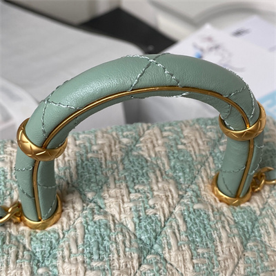 Cha.nel Vanity Case With Top Handle Wool Tweed Gold Tone Metal Green AS3973