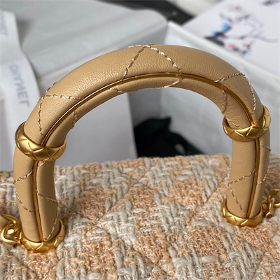 Cha.nel Vanity Case With Top Handle Wool Tweed Gold Tone Metal Beige AS3973