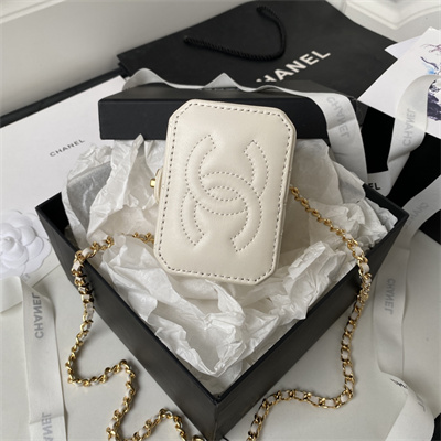 Cha.nel Vanity Case Lambskin Gold Tone Metal White AP3459