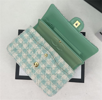 Cha.nel Mini Classic Flap Bag Tweed Gold Tone Metal Green A01116