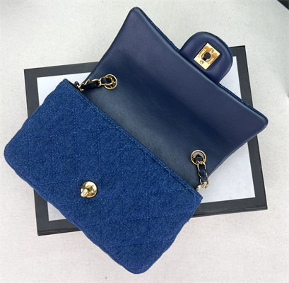 Cha.nel Mini Classic Flap Bag Denim Gold Tone Metal A01116