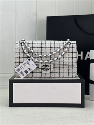 Cha.nel Medium Classic Flap Bag Tweed Silver Tone Metal White A01112