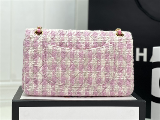 Cha.nel Medium Classic Flap Bag Tweed Gold Tone Metal Pink A01112
