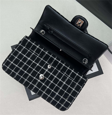 Cha.nel Medium Classic Flap Bag Tweed Silver Tone Metal Black A01112