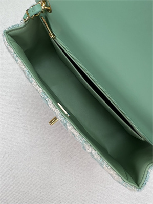 Cha.nel Medium Classic Flap Bag Tweed Gold Tone Metal Green A01112