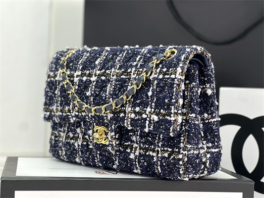 Cha.nel Medium Classic Flap Bag Tweed Gold Tone Metal Navy A01112