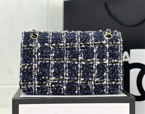 Cha.nel Medium Classic Flap Bag Tweed Gold Tone Metal Navy A01112