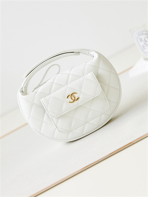 Cha.nel Pouch Grained Calfskin Gold Tone Metal White AP3467