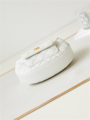 Cha.nel Pouch Grained Calfskin Gold Tone Metal White AP3467