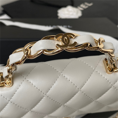Cha.nel Clutch/Phone Holder With Chain Gold Tone Metal White AP3226