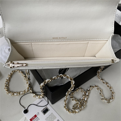 Cha.nel Clutch/Phone Holder With Chain Gold Tone Metal White AP3226