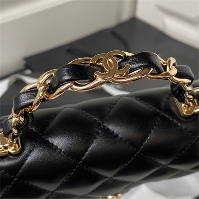 Cha.nel Clutch/Phone Holder With Chain Gold Tone Metal Black AP3226