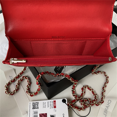 Cha.nel Clutch/Phone Holder With Chain Gold Tone Metal Red AP3226