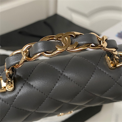 Cha.nel Clutch/Phone Holder With Chain Gold Tone Metal Grey AP3226