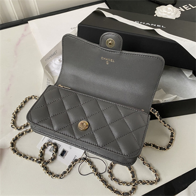 Cha.nel Clutch/Phone Holder With Chain Gold Tone Metal Grey AP3226