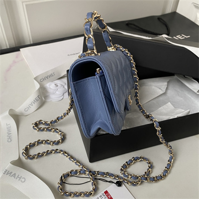 Cha.nel Clutch/Phone Holder With Chain Gold Tone Metal Blue AP3226