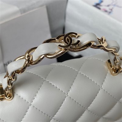 Cha.nel Mini Flap Bag With Top Handle Lambskin Gold Tone Metal White AS2431